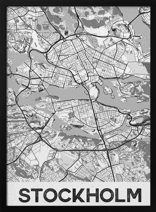 A modern, black and white framed map of Stockholm, Sweden. The minimalist design highlights the city's intricate network of streets, islands, and waterways. The name 'STOCKHOLM' is printed in large, bold, black font at the bottom. Decor
