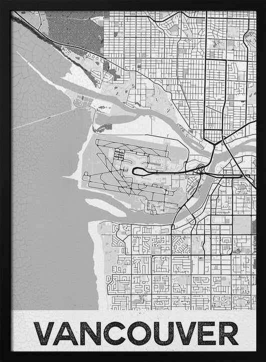 A modern, black and white framed art print of a city map of Vancouver. The map features a stylized layout of roads, rivers, and the coastline, including what appears to be an airport. The word 'VANCOUVER' is displayed in bold, capital letters at the bottom. Poster