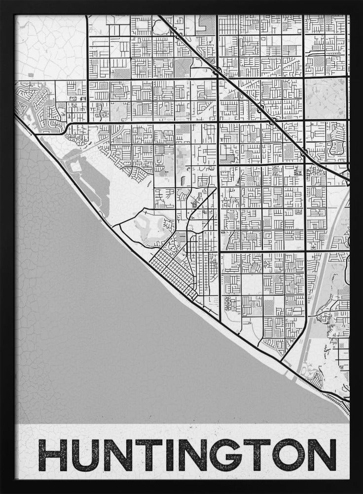 A minimalist black and white framed map of Huntington. The map details the city's street grid next to the coastline, with the name 'HUNTINGTON' printed in bold block letters at the bottom. Print