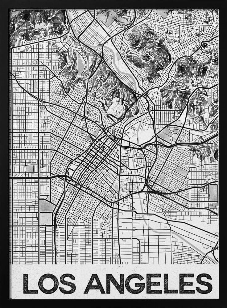 A modern, framed black and white map of Los Angeles. The detailed illustration features a dense grid of city streets, winding highways, rivers, and topographic details of hills. A white banner at the bottom displays the words 'LOS ANGELES' in a bold, black, textured font. Poster