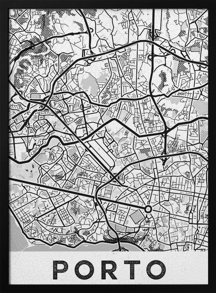 A minimalist black and white art print of a city map of Porto, Portugal, enclosed in a black frame. The map features a stylized network of roads and city blocks, with some areas shaded in grey or with a dot pattern. The word 'PORTO' is printed in large, bold, black capital letters at the bottom on a white background. Print