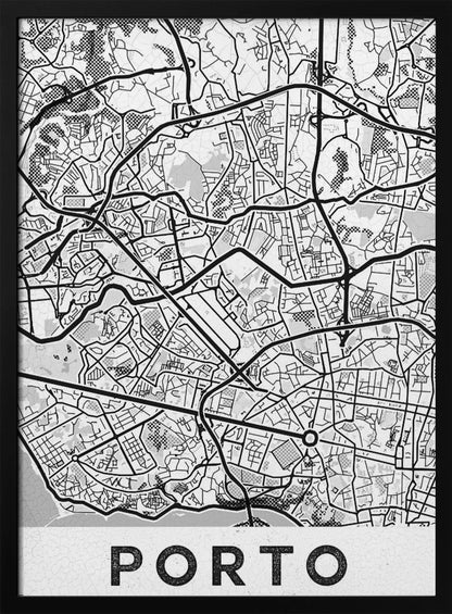 A minimalist black and white art print of a city map of Porto, Portugal, enclosed in a black frame. The map features a stylized network of roads and city blocks, with some areas shaded in grey or with a dot pattern. The word 'PORTO' is printed in large, bold, black capital letters at the bottom on a white background. Print