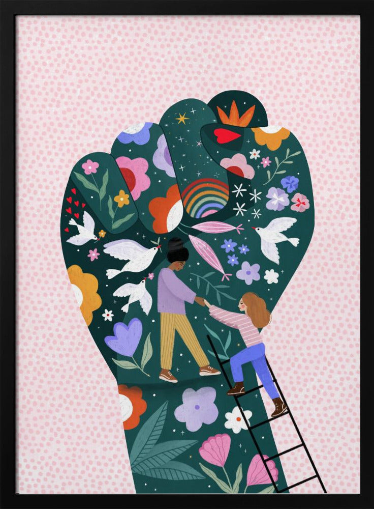 An illustration of a raised fist, a symbol of power and solidarity, against a pink dotted background. The fist is dark green and decorated with colorful flowers, white doves, a rainbow, and two women helping each other, one pulling the other up a ladder, symbolizing female empowerment and unity. Poster