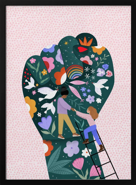 An illustration of a raised fist, a symbol of power and solidarity, against a pink dotted background. The fist is dark green and decorated with colorful flowers, white doves, a rainbow, and two women helping each other, one pulling the other up a ladder, symbolizing female empowerment and unity. Poster