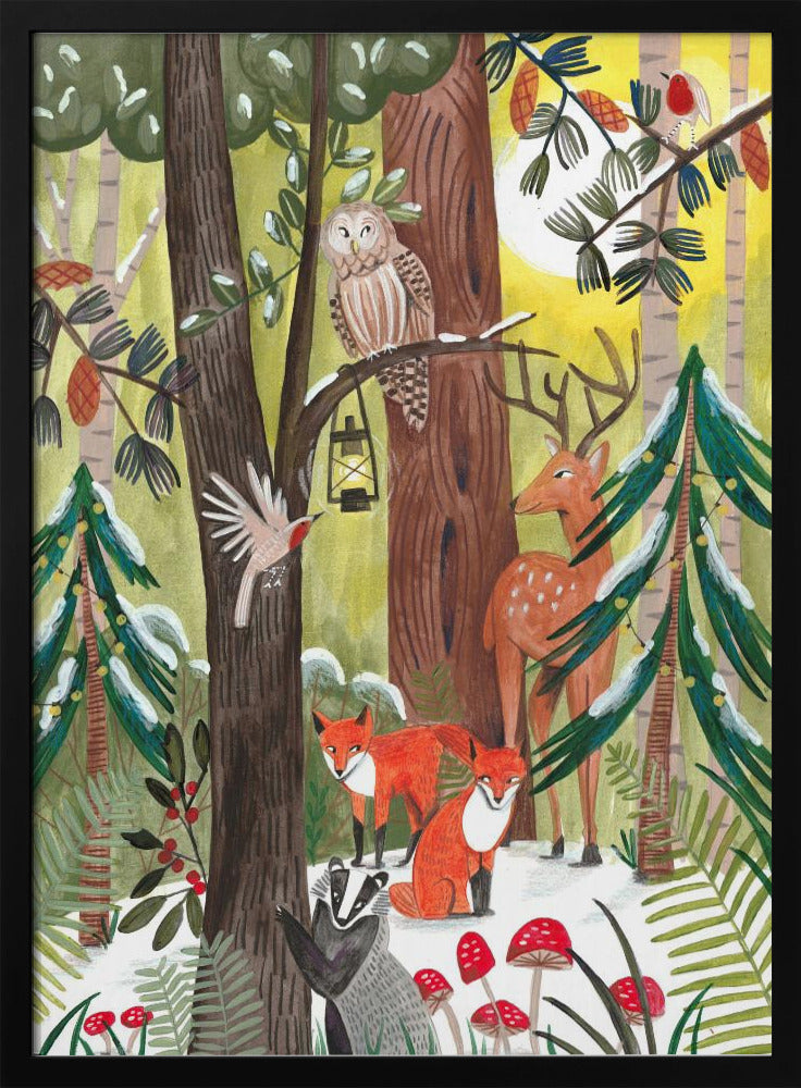 A whimsical illustration of a snowy forest scene filled with various woodland creatures. An owl perches on a branch with a lantern, a deer stands near a decorated pine tree, two red foxes and a badger are on the snowy ground near red toadstools, and birds fly and sit on branches under a yellow sun. Decor