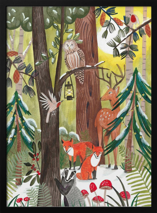 A whimsical illustration of a snowy forest scene filled with various woodland creatures. An owl perches on a branch with a lantern, a deer stands near a decorated pine tree, two red foxes and a badger are on the snowy ground near red toadstools, and birds fly and sit on branches under a yellow sun. Decor
