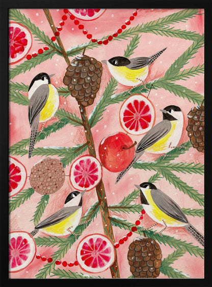 A festive illustration of a pine branch against a pink background, decorated with chickadees, pinecones, slices of red grapefruit, a red apple, and a red beaded garland. The scene has a light dusting of snow, creating a whimsical winter or holiday feel. Decor