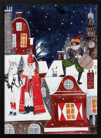 A folk art style illustration of a snowy village at night. Saint Nicholas (Sinterklaas) in his traditional red robe and miter stands with his white horse on a snow-covered roof. On another roof, his helper Zwarte Piet stands with a sack of gifts. The background features a clock tower and a dark, snowy sky. Wall Art