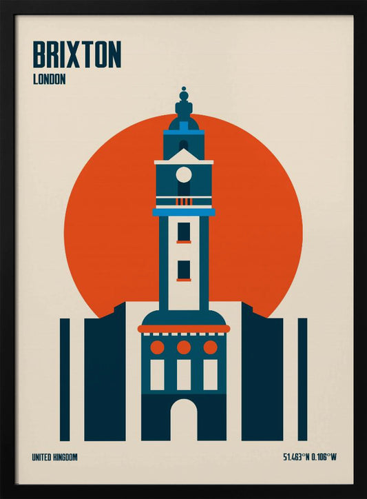 A minimalist travel poster of Brixton, London, featuring a stylized blue and white clock tower set against a large orange circle on a cream background. The text 'BRIXTON LONDON' is at the top, and 'UNITED KINGDOM' with geographic coordinates are at the bottom. The entire print is enclosed in a simple black frame. Poster
