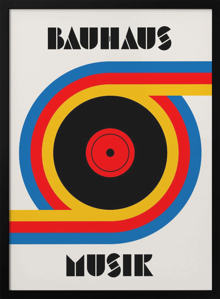 A Bauhaus style poster with the word 'BAUHAUS' at the top and 'MUSIK' at the bottom in a black geometric font. The central image is a stylized vinyl record made of bold blue, red, and yellow stripes against an off-white background, all enclosed in a thin black frame. Print