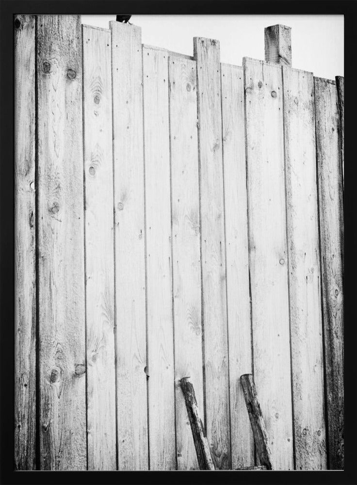A black and white, low-angle photograph of a weathered wooden plank fence. The vertical planks are of varying heights, creating an uneven top line against a pale sky. The focus is on the texture of the wood, showing prominent grain, knots, and nail holes, all framed in black. Poster