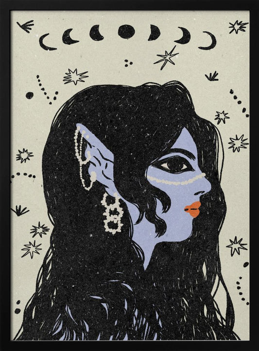 A stylized illustration of a woman in profile with light blue skin, long black hair, and pointed elven ears decorated with white jewelry. Her lips are orange, and she looks to the right. The background is a light cream color with black drawings of stars, constellations, and the phases of the moon above her head. Wall Art