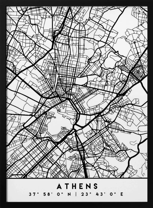 A minimalist black and white poster of a street map of Athens, Greece, enclosed in a simple black frame. The map consists of intricate black lines on a white background, showing the city's road network. At the bottom, centered, is the text 'ATHENS' in a bold, uppercase font, with its geographical coordinates '37° 58' 0" N | 23° 43' 0" E' listed below. Poster