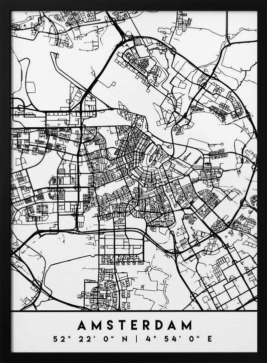 A minimalist black and white line art map of Amsterdam, Netherlands, in a black frame. The map details the intricate network of streets and canals. Below the map, the city's name 'AMSTERDAM' is printed in a bold, sans-serif font, with its geographical coordinates '52° 22' 0" N | 4° 54' 0" E' underneath. Poster