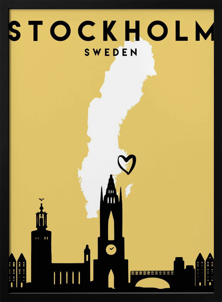 A minimalist travel poster for Stockholm, Sweden. It features a mustard yellow background with a black silhouette of the city's skyline at the bottom. A white outline of the map of Sweden is in the center, with a small black heart indicating Stockholm's location. The text 'STOCKHOLM SWEDEN' is at the top in black lettering. Decor