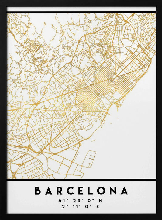 A modern, minimalist framed poster featuring a gold line map of Barcelona, Spain, on a clean white background. Below the map, the city's name 'BARCELONA' is printed in bold black text, with its geographic coordinates listed underneath. Decor