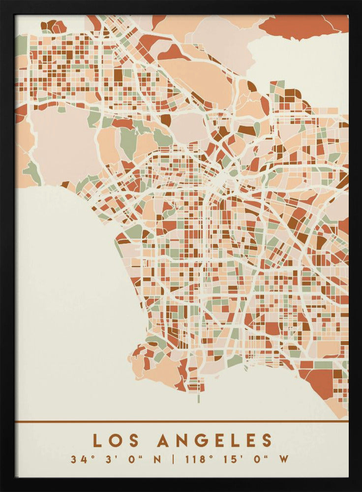 A stylized, block-pattern map of Los Angeles in a warm, earthy color palette of terracotta, brown, and sage green on a cream background. The poster is framed in black and includes the text 'LOS ANGELES' with its geographic coordinates at the bottom. Print