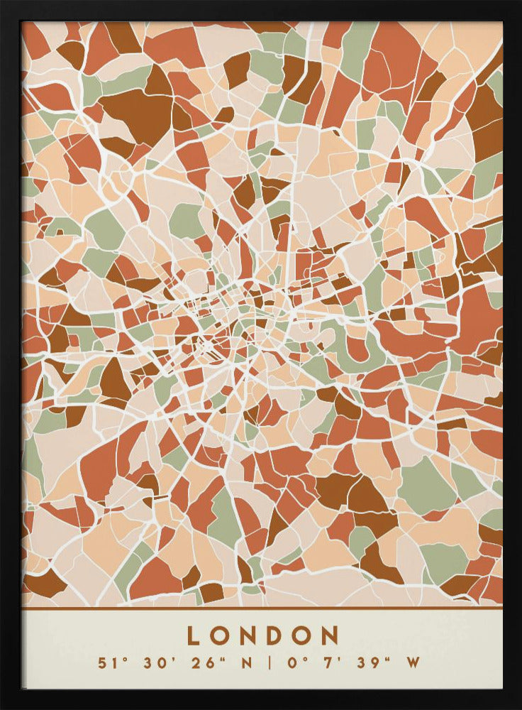 An abstract, framed map of London created with a mosaic of colored shapes in an earth-toned palette of brown, terracotta, sage green, and beige. White lines representing streets separate the shapes, converging towards the city center. Below the map, the word 'LONDON' and its geographic coordinates are displayed on a cream-colored border. Wall Art