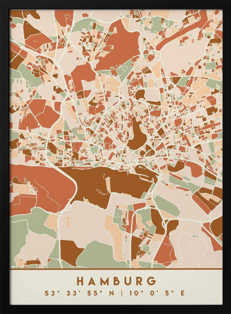 A modern, stylized art print of a Hamburg city map, featuring an abstract pattern of streets and neighborhoods in a color palette of terracotta, brown, sage green, and cream. The bottom of the print has a cream border with the city's name 'HAMBURG' and its geographical coordinates. The artwork is presented in a thin black frame. Wall Art