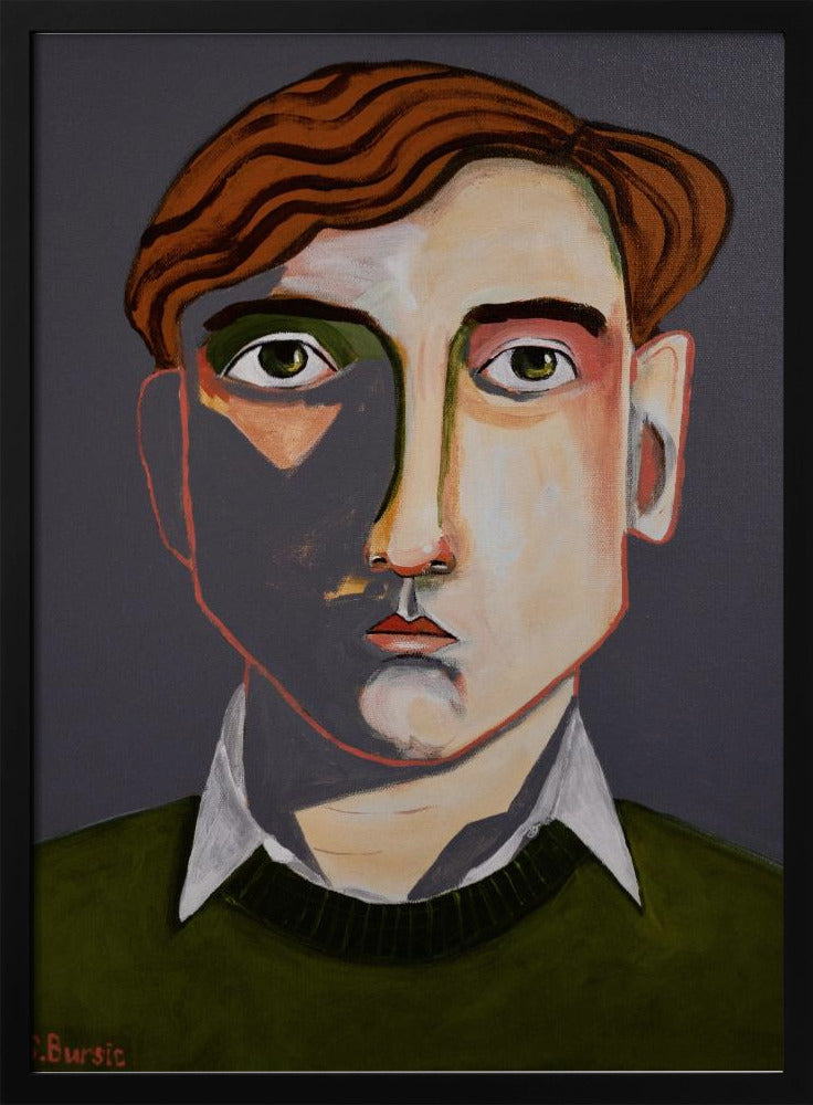 A modern, stylized portrait painting of a young man with wavy, reddish-brown hair and green eyes. He looks forward with a neutral expression. His face is angular with sharp lines, and a dramatic shadow covers the left side. He is wearing a dark olive green sweater over a white collared shirt, set against a solid dark gray background. The artwork is signed 'Bursic' in the lower-left corner and is presented in a simple black frame. Decor