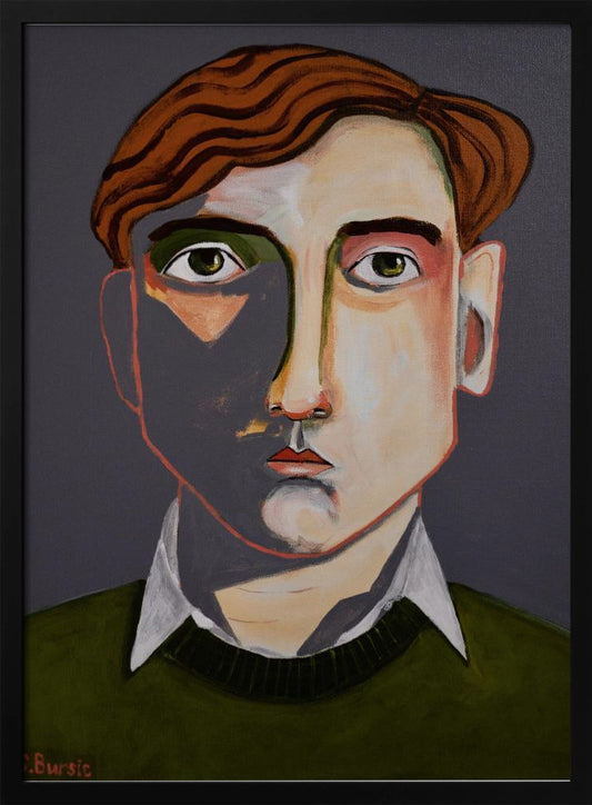 A modern, stylized portrait painting of a young man with wavy, reddish-brown hair and green eyes. He looks forward with a neutral expression. His face is angular with sharp lines, and a dramatic shadow covers the left side. He is wearing a dark olive green sweater over a white collared shirt, set against a solid dark gray background. The artwork is signed 'Bursic' in the lower-left corner and is presented in a simple black frame. Decor
