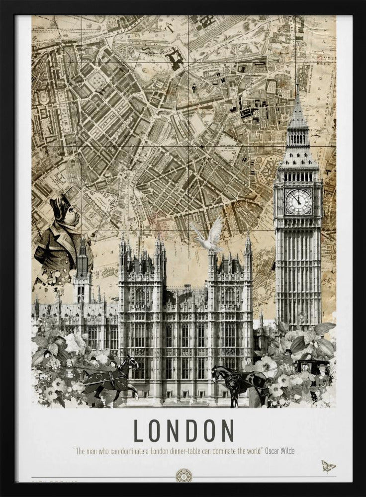 A vintage-style collage poster of London featuring an old sepia-toned map as the background. In the foreground are black and white illustrations of the Houses of Parliament and Big Ben, along with a man in historical dress, a dove, and horse-drawn carriages. The bottom reads 'LONDON' with a quote by Oscar Wilde. Poster