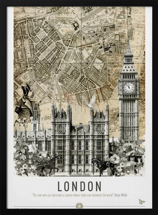 A vintage-style collage poster of London featuring an old sepia-toned map as the background. In the foreground are black and white illustrations of the Houses of Parliament and Big Ben, along with a man in historical dress, a dove, and horse-drawn carriages. The bottom reads 'LONDON' with a quote by Oscar Wilde. Poster