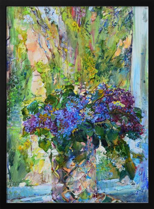 An impressionistic oil painting of a vibrant bouquet of purple and blue lilacs in a textured crystal vase, set against a sunlit window with lush green foliage outside. The artwork is characterized by thick, expressive brushstrokes. Artwork