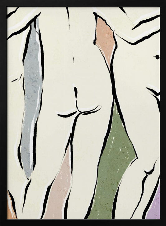 An abstract figurative artwork in a black frame featuring overlapping nude human forms. The figures are defined by bold, black ink lines on a cream background, with blocks of muted colors like dusty rose, sage green, and slate blue accentuating the shapes. Decor