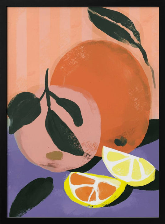 A colorful, painterly illustration of citrus fruits. The composition features two whole fruits, one orange and one pink, with dark green leaves, alongside two wedges of lemon and orange. They are set against a purple foreground and a background of vertical peach-colored stripes. Poster