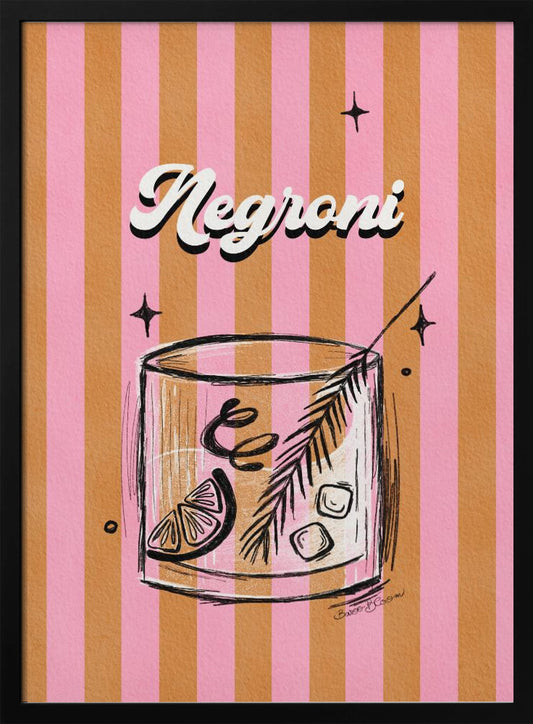A retro-style poster of a Negroni cocktail. The drink is in a sketched rocks glass with a citrus slice and garnish, set against a background of vertical pink and orange stripes. The word 'Negroni' is written above in a stylized white font. Artwork