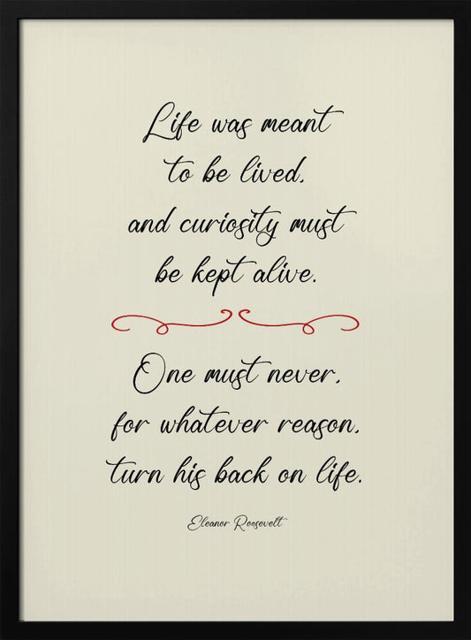 A framed inspirational quote by Eleanor Roosevelt in a black cursive font on a textured beige background. The quote reads: 'Life was meant to be lived, and curiosity must be kept alive. One must never, for whatever reason, turn his back on life.' A red decorative flourish separates the two stanzas. Decor