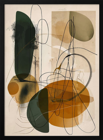 A vertical abstract composition featuring a mix of organic, overlapping shapes in dark green, ochre, and muted olive green against a light beige background. Thin, gestural black lines scribble and loop across the canvas, adding a dynamic and complex layer to the artwork, which is enclosed in a thin black frame. Poster