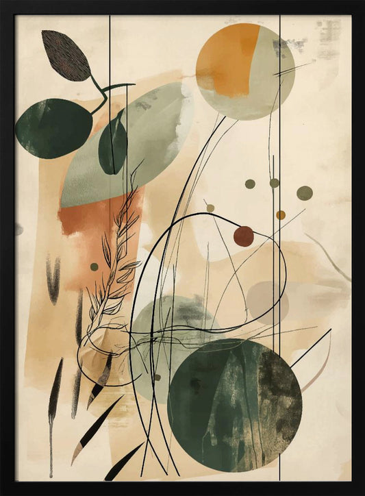 An abstract artwork featuring a blend of botanical and geometric elements. On a beige background, there are overlapping shapes in muted green, sage, and terracotta. Fine black lines create the outlines of leaves, stems, and swirling abstract forms, adding a layer of detail over the painted shapes. Poster