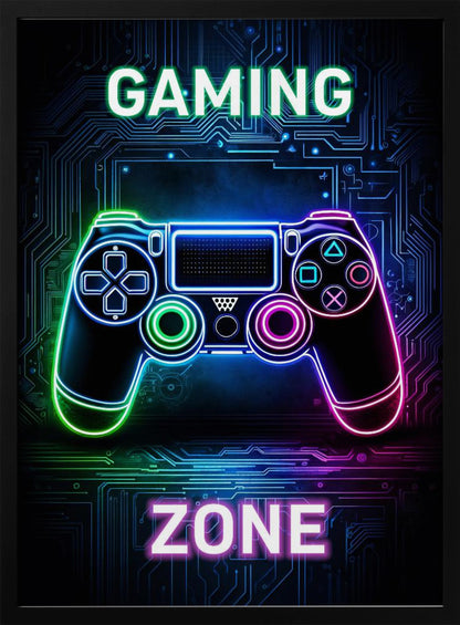 A futuristic gaming poster with a neon-outlined video game controller glowing in shades of blue, green, and pink. The controller is set against a dark background with a blue circuit board pattern. The words 'GAMING' and 'ZONE' are written in large, glowing neon letters above and below the controller. Artwork
