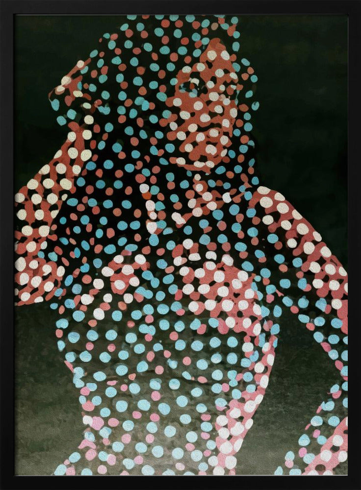A modern pop art portrait of a person, where their silhouette is filled with a dense pattern of red, light blue, and white dots against a solid dark background, creating a fragmented and stylized image. Decor