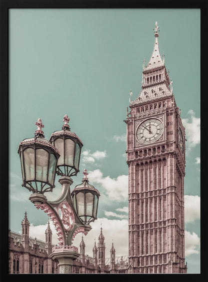 A stylized, low-angle photograph of Big Ben in London, with an ornate Victorian lamppost in the foreground. The image is color-graded with a pale teal sky and pink-toned architecture, creating a vintage, dreamy aesthetic. Wall Art
