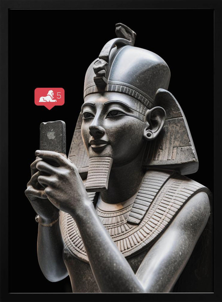 A humorous digital artwork depicting a detailed, dark grey stone bust of an ancient Egyptian pharaoh holding a modern smartphone and looking at it with a slight smile. A red social media notification with a sphinx icon and the number 5 floats next to the phone against a solid black background. Wall Art