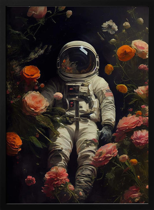 A painterly artwork of an astronaut in a white spacesuit floating in the dark void of space, surrounded by an abundance of vibrant pink, orange, and white flowers that bloom around them. Wall Art
