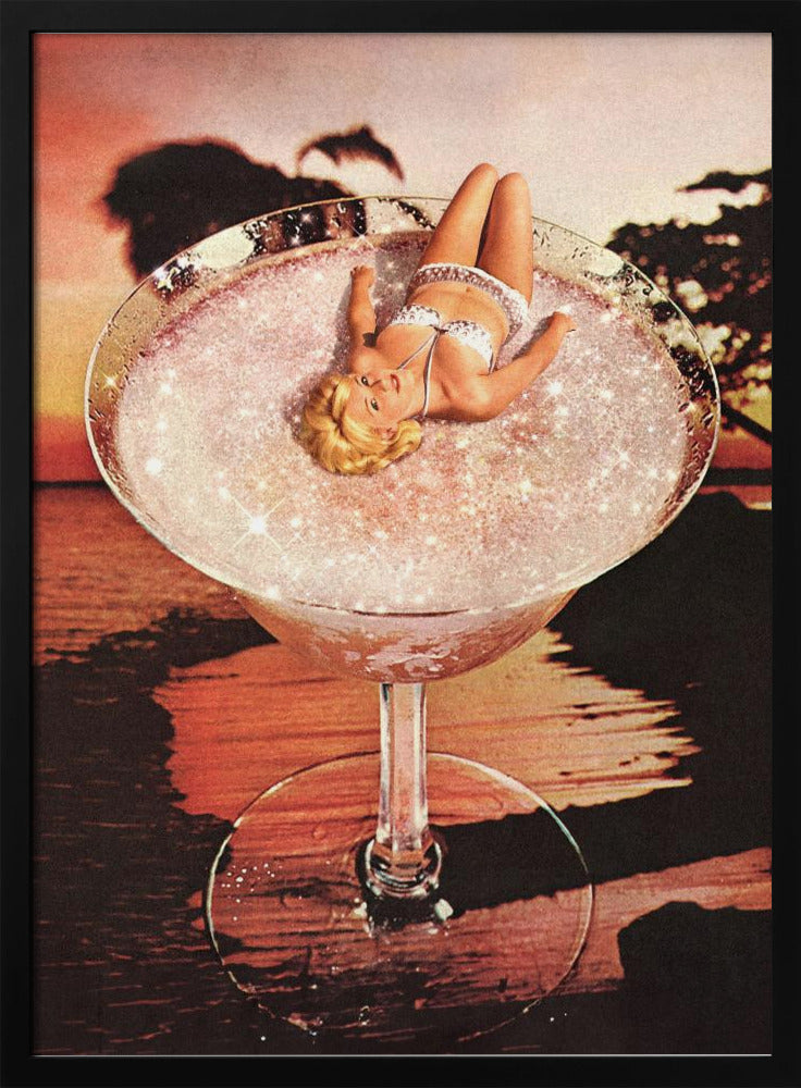 A surreal collage featuring a blonde woman in a white bikini lounging in a giant cocktail glass filled with a sparkling pink liquid, set against a warm sunset over the ocean. Print