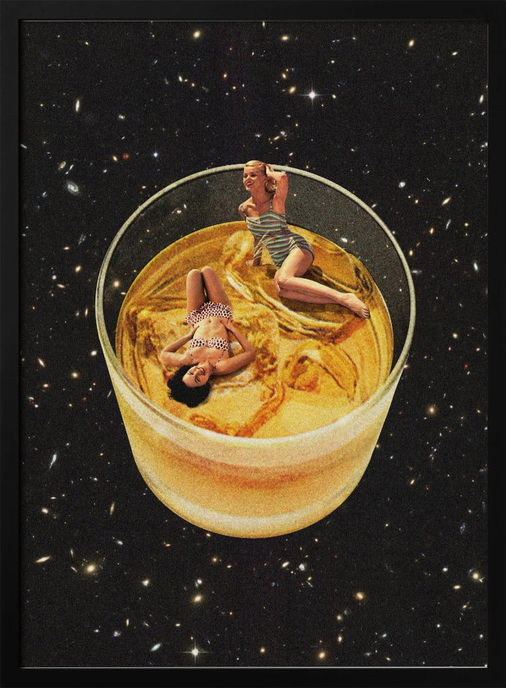 A surreal collage featuring two women in vintage swimsuits lounging in a large glass of golden liquid, floating in the middle of a starry outer space. Decor