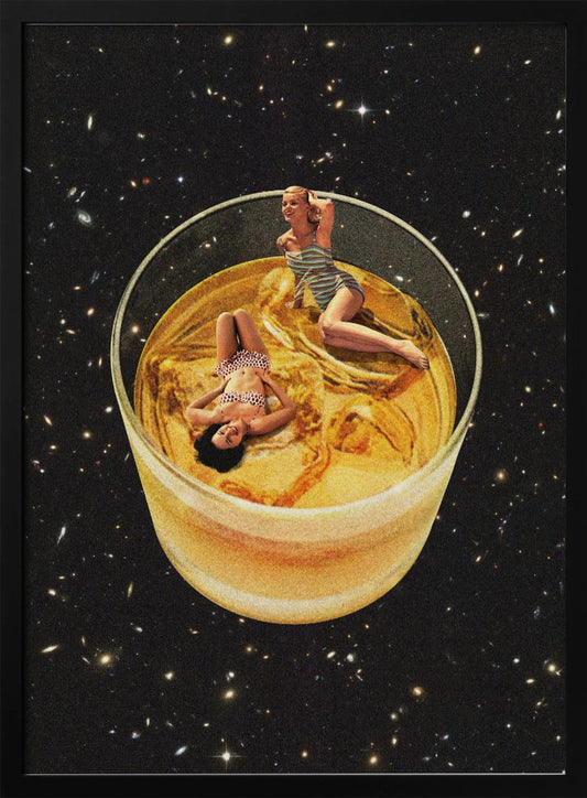 A surreal collage featuring two women in vintage swimsuits lounging in a large glass of golden liquid, floating in the middle of a starry outer space. Decor