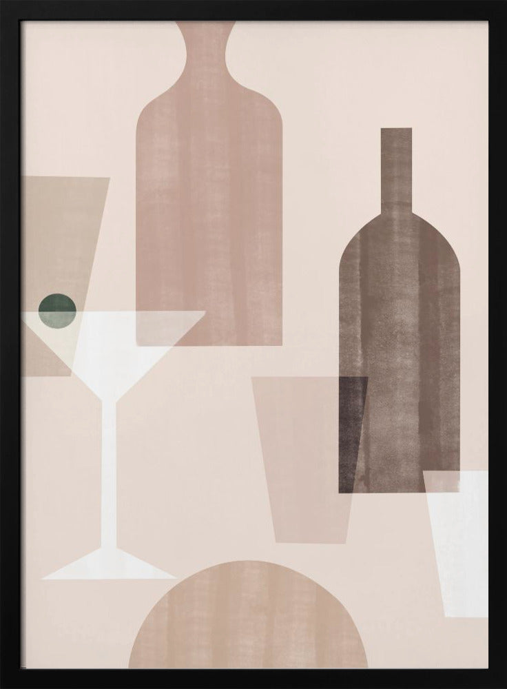 An abstract still life artwork featuring overlapping, translucent shapes of bottles and glasses in a muted palette of brown, beige, and dusty pink. A stylized white martini glass with a dark green olive stands out against the soft-colored background. Poster