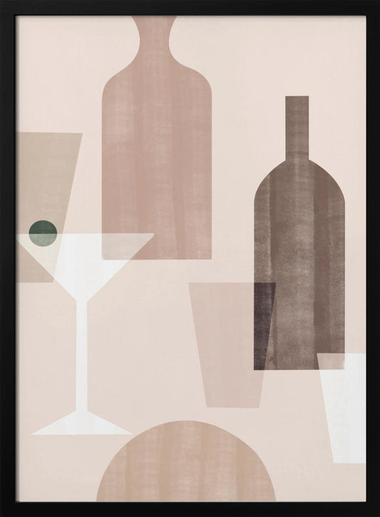 An abstract still life artwork featuring overlapping, translucent shapes of bottles and glasses in a muted palette of brown, beige, and dusty pink. A stylized white martini glass with a dark green olive stands out against the soft-colored background. Poster