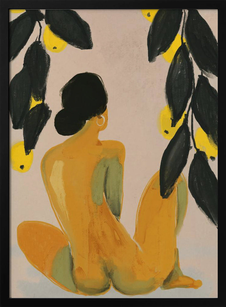 A painterly illustration of a seated nude figure seen from the back, with their body rendered in shades of yellow and green. They have black hair in a bun and a gold hoop earring. Lemon tree branches with dark green leaves and bright yellow lemons frame the top of the composition against a pale beige background. Decor