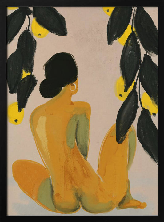A painterly illustration of a seated nude figure seen from the back, with their body rendered in shades of yellow and green. They have black hair in a bun and a gold hoop earring. Lemon tree branches with dark green leaves and bright yellow lemons frame the top of the composition against a pale beige background. Decor