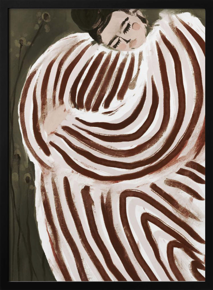 A stylized painting of a person with their eyes closed, resting their head on their shoulder. They are wrapped in a large, voluminous garment with bold, swirling brown and off-white stripes against a dark, muted green background. Decor