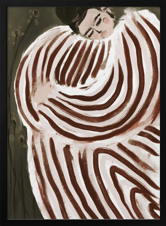 A stylized painting of a person with their eyes closed, resting their head on their shoulder. They are wrapped in a large, voluminous garment with bold, swirling brown and off-white stripes against a dark, muted green background. Decor