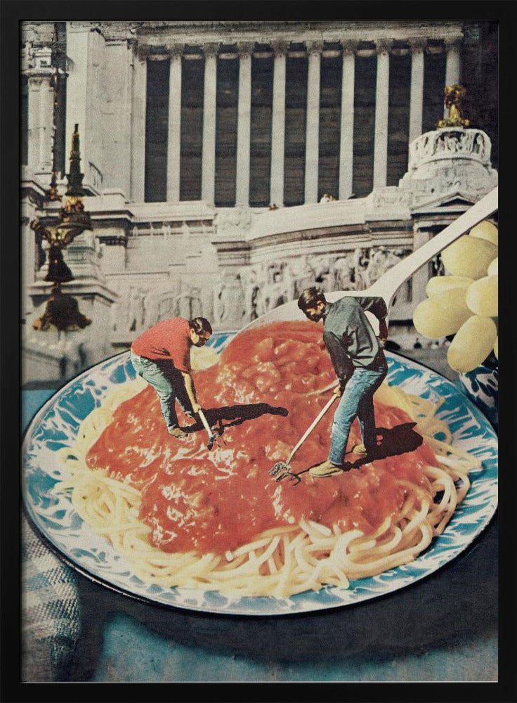 A surreal vintage collage depicting two miniature men using garden tools, like a rake and a hoe, to work on a giant plate of spaghetti with red sauce, set against the backdrop of a classical Roman building. Artwork