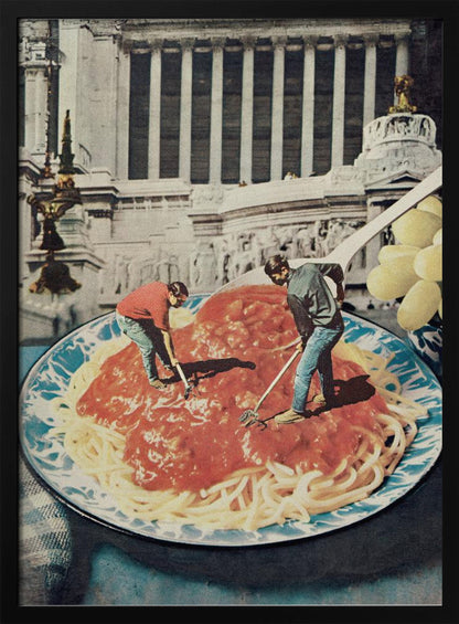 A surreal vintage collage depicting two miniature men using garden tools, like a rake and a hoe, to work on a giant plate of spaghetti with red sauce, set against the backdrop of a classical Roman building. Artwork